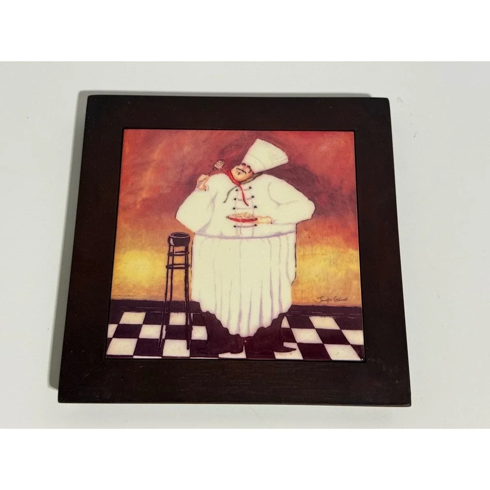 Jennifer Garant Fat Chef Set 3 Framed Ceramic Tile Wall Art 8x8 Bistro Kitchen